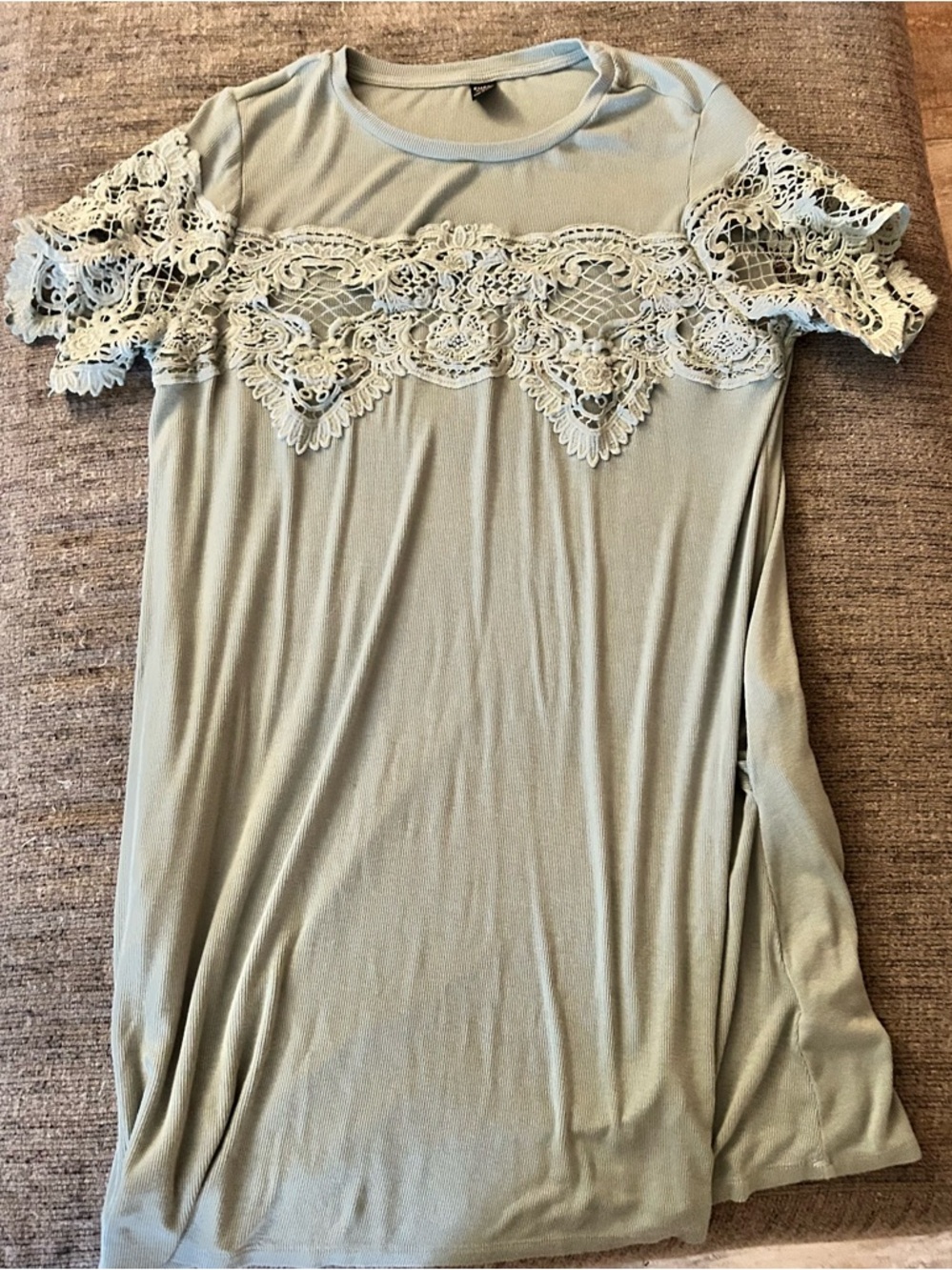 Lace Yoke Short Sleeve Dress - Sage Green